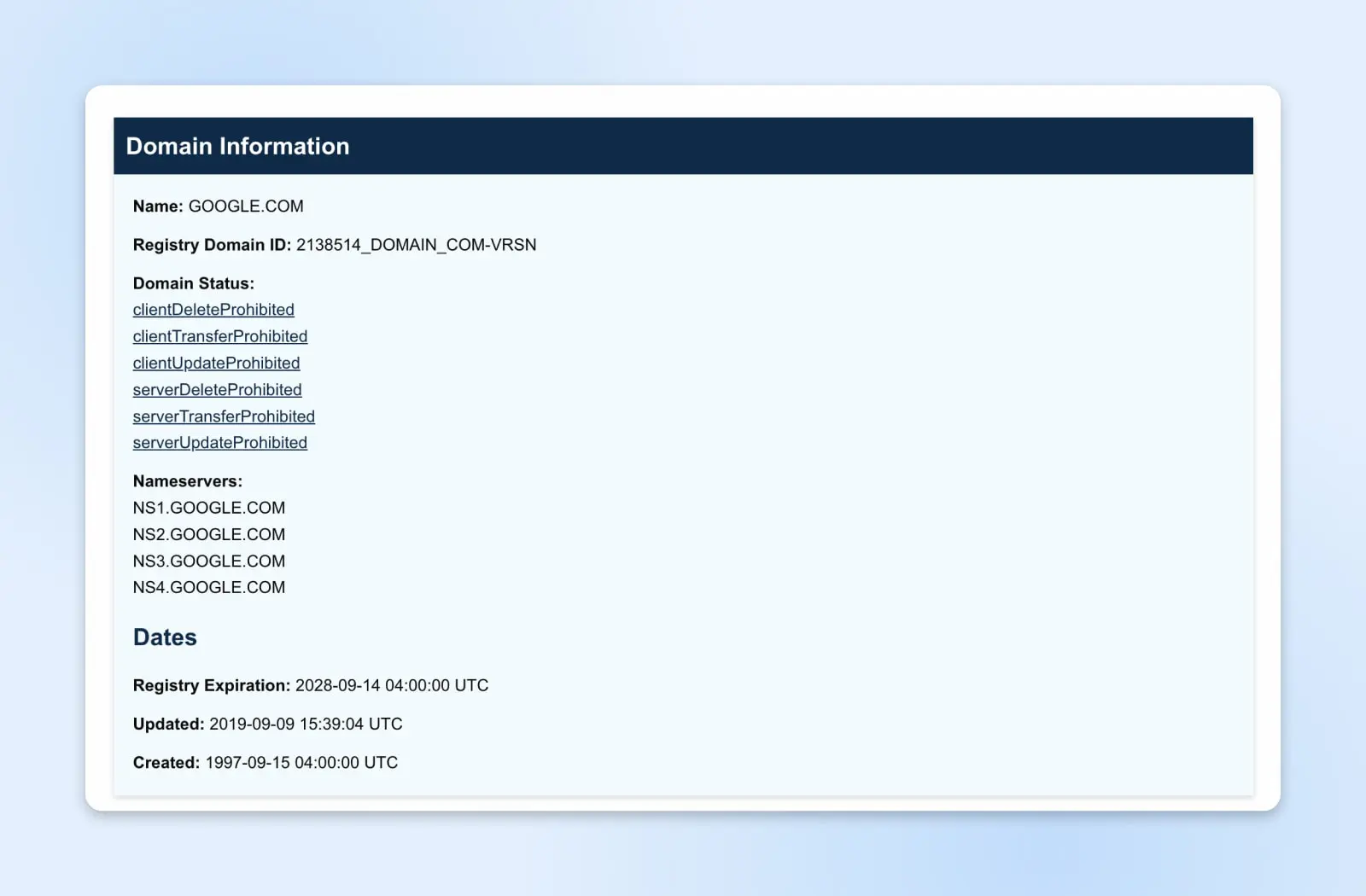 "Domeininformatie" details voor google.com met websitenaam, domein-ID, status, nameservers en relevante data.