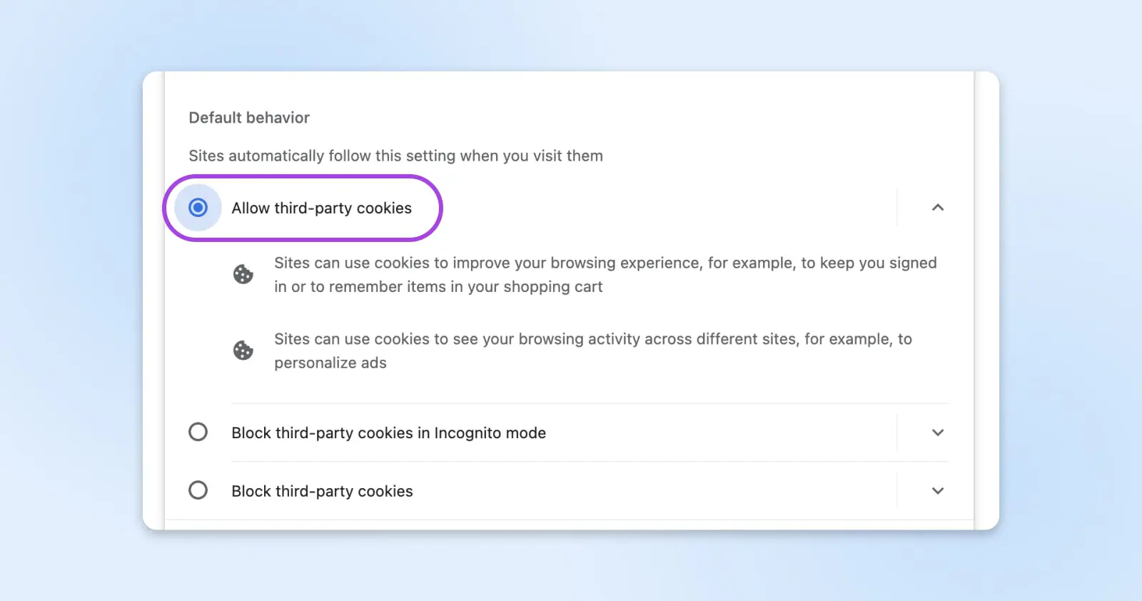 Caixa de diálogo 'Comportamento Padrão' do Chrome com a opção 'Permitir cookies de terceiros' selecionada.