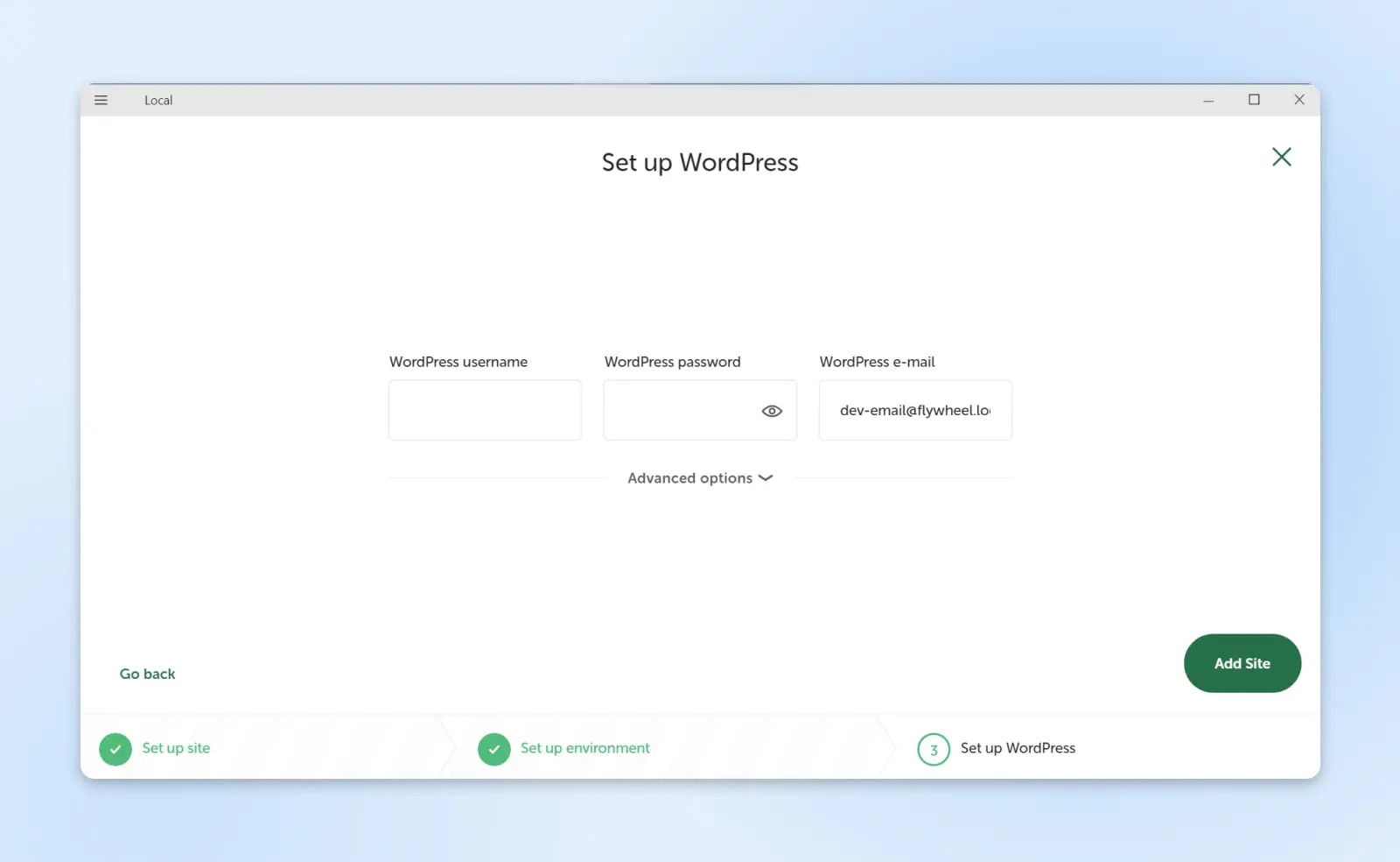 Screenshot van de stap "WordPress instellen" op lokaal waar om de WordPress gebruikersnaam, wachtwoord en e-mail van de gebruiker wordt gevraagd