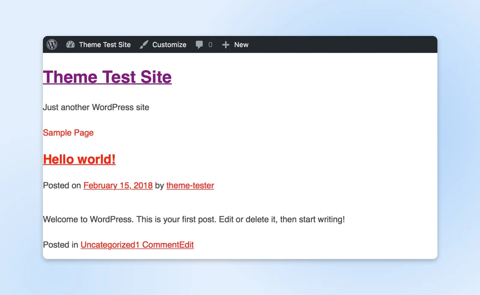 dezelfde Thematests Site toont nu "Hello World" en "theme-tester" hyperlinks in rood