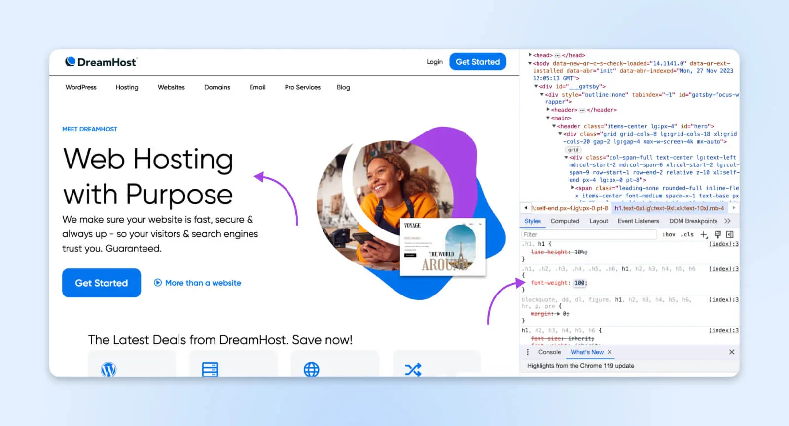a mesma página DreamHost apontando para o h1 e o código da página chamado "font-weight"