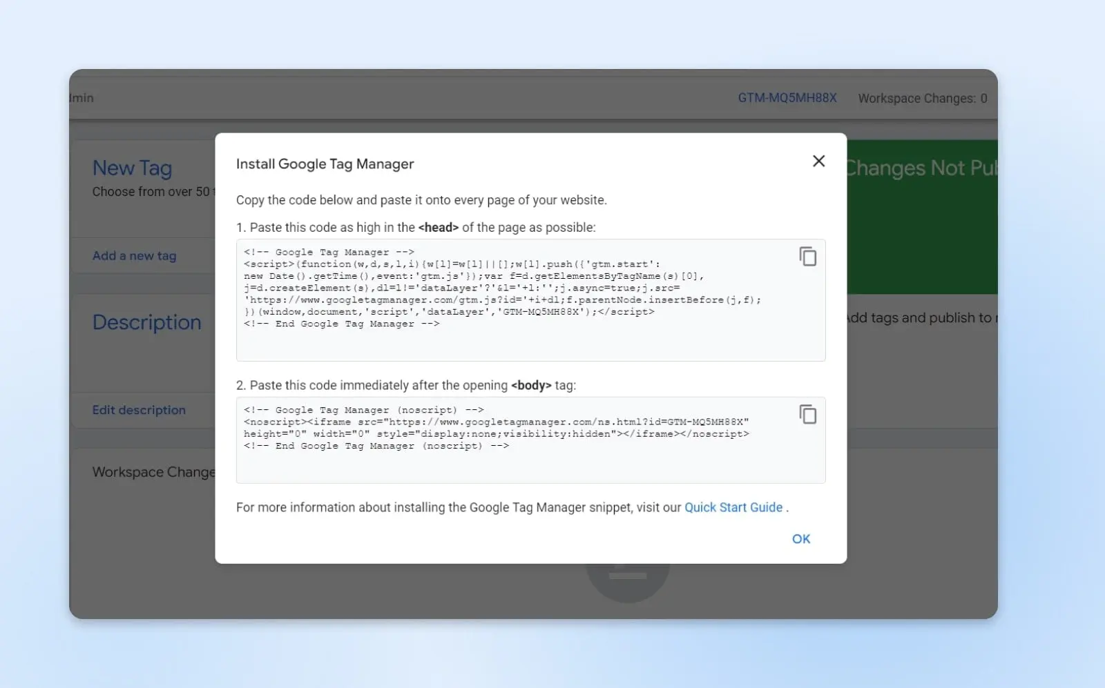 скриншот окна кода Google Tag Manager, сверху показано "head" и снизу показано "body"