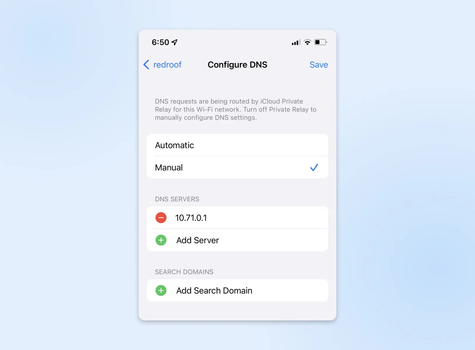 скриншот экрана настроек DNS на мобильном телефоне iOS