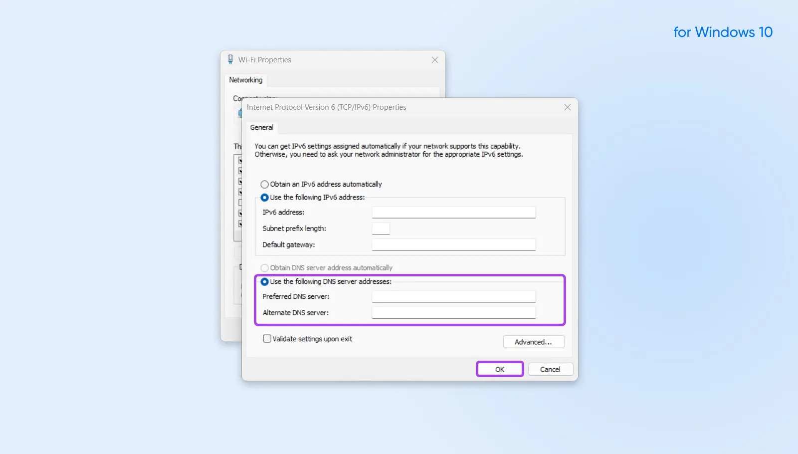 скриншот свойств IPv6 в Windows, обращающий внимание на текстовые поля с адресами следующих DNS-серверов