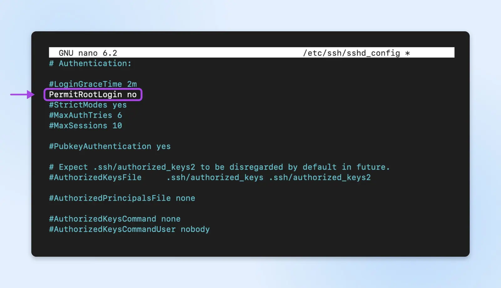указание на строку PermitRootLogin no в файле