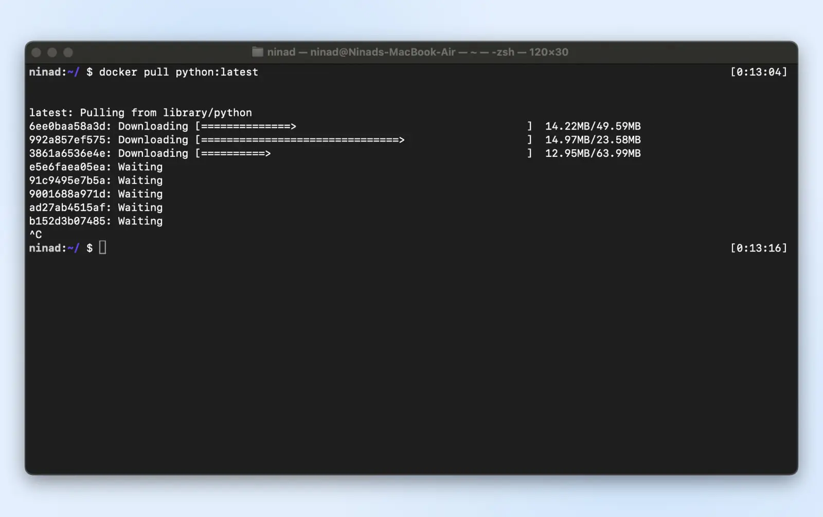 Code featuring the command to pull the latest Python image.