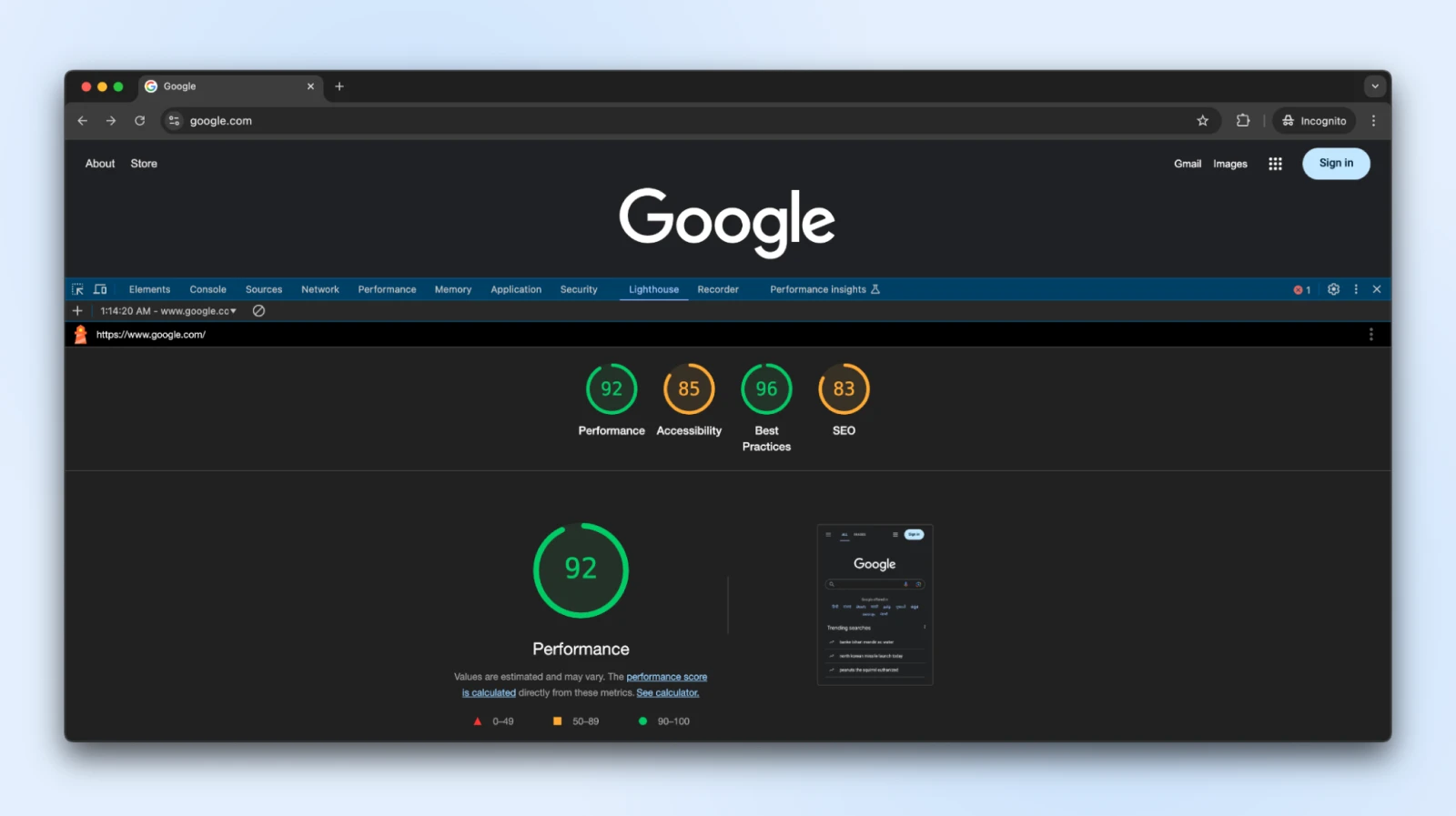 quatre indicateurs circulaires (jusqu'à 100) affichant les mesures pour chaque catégorie. Performance à 91, Accessibilité à 85, Meilleures pratiques à 96, SEO à 83