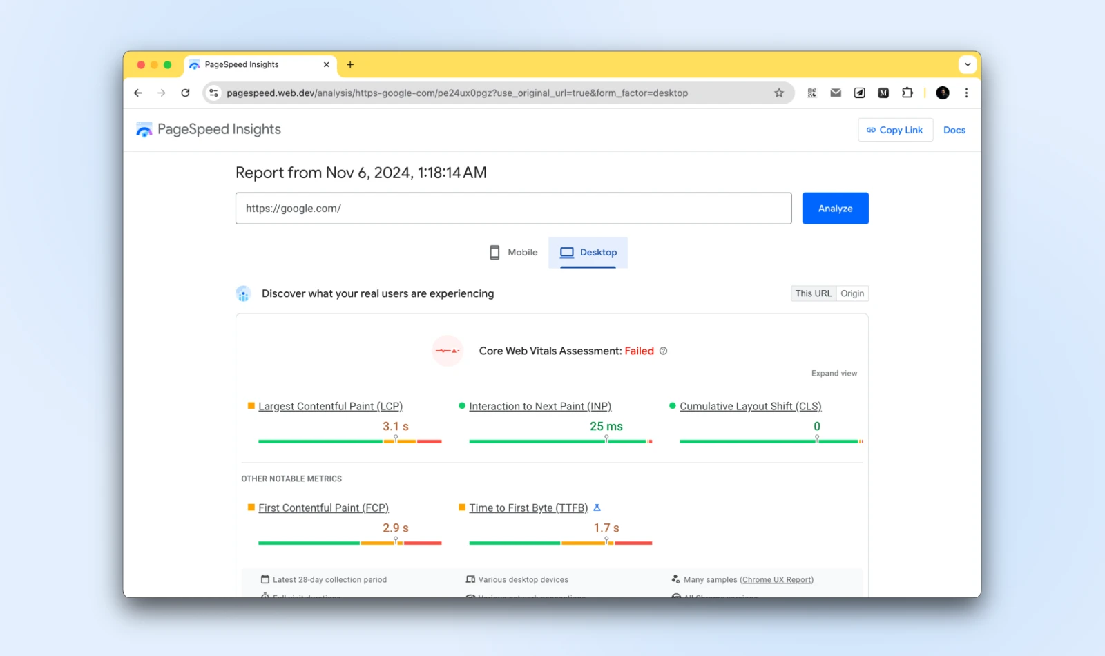 Rapport PageSpeed Insights du 6 nov. 2024 à 1:18:14 avec "https://google.com/" dans la barre de recherche et les résultats affichés pour le bureau. Évaluation des signes vitaux du Web de base : échec