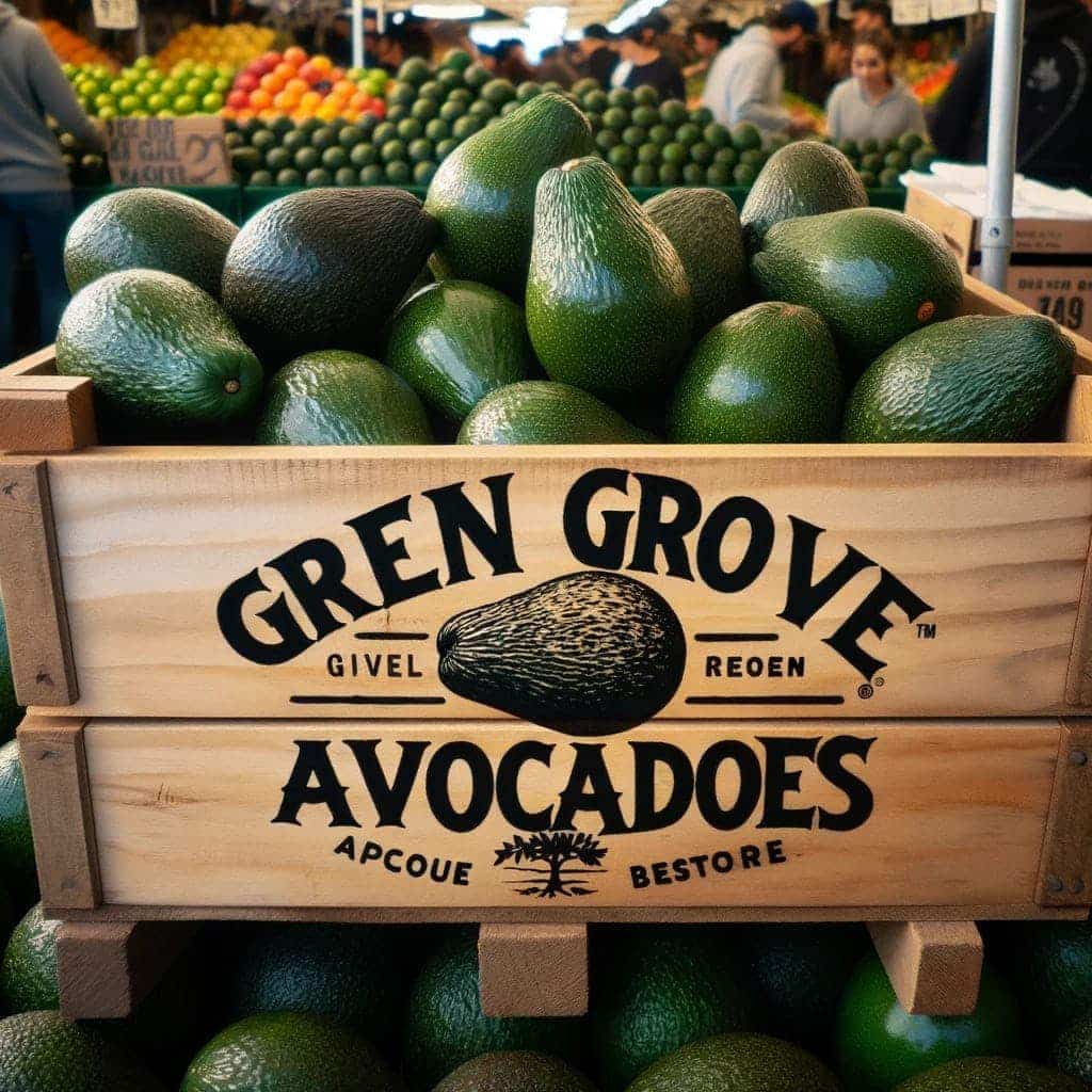 une image en gros plan, semblable à une photographie d'une caisse portant l'inscription "Gren Grove Avocadoes." La caisse est posée sur des avocats et remplie d'avocats dans la section des produits frais d'un marché