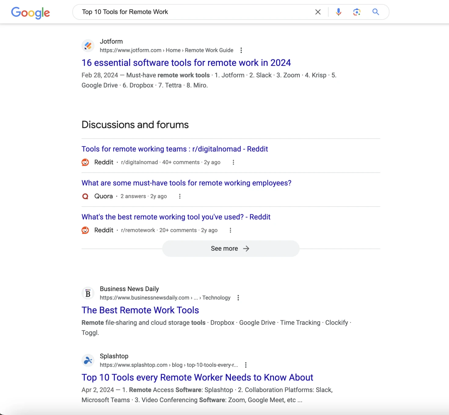 Поиск в Google «Топ-10 инструментов для удаленной работы» с результатами списка от Jotform, Business News Daily и др.