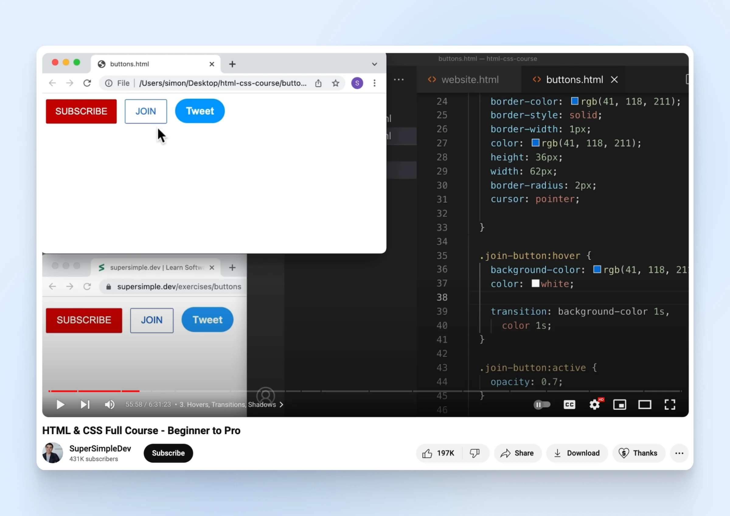 SuperSimpleDev's YouTube video "HTML & CSS Full Course - Beginner to Pro" paused at the 55-minute mark.
