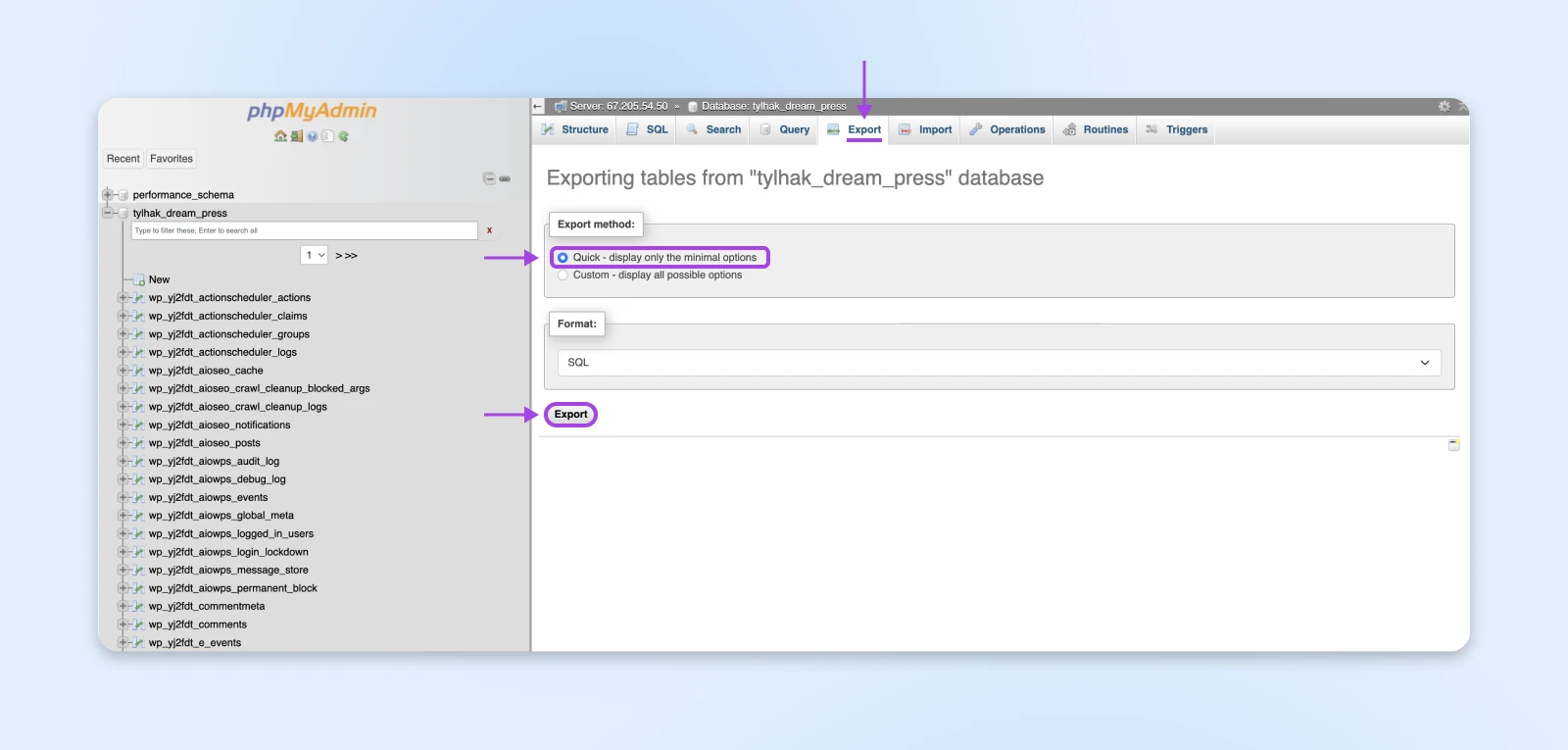 Интерфейс phpMyAdmin с выбранным чекбоксом «Быстро - показать только минимальные опции» и выделенной вкладкой «Экспорт».