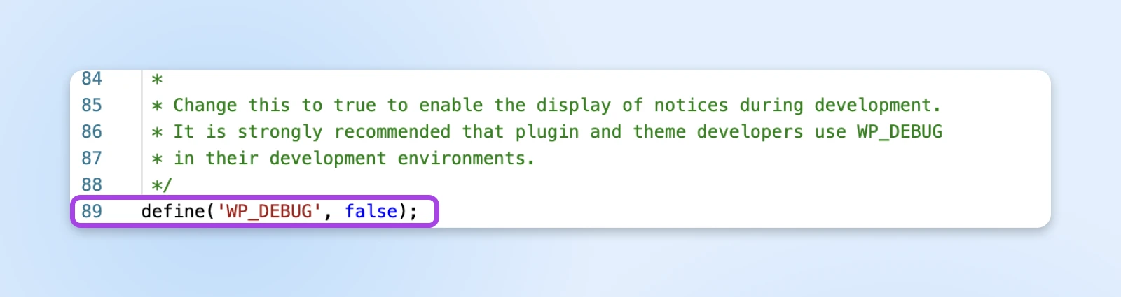 Фрагмент файла конфигурации WordPress с константой WP_DEBUG, установленной в значение false на строке 89.
