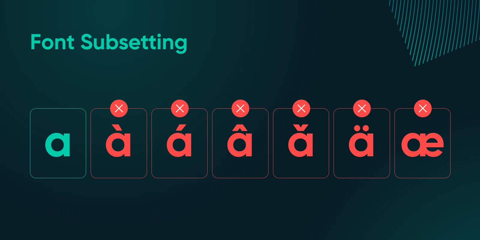 een abstracte illustratie die font subsetting toont, waarbij de letter "a" wordt uitgelicht en gescheiden van een groter lettertypebestand