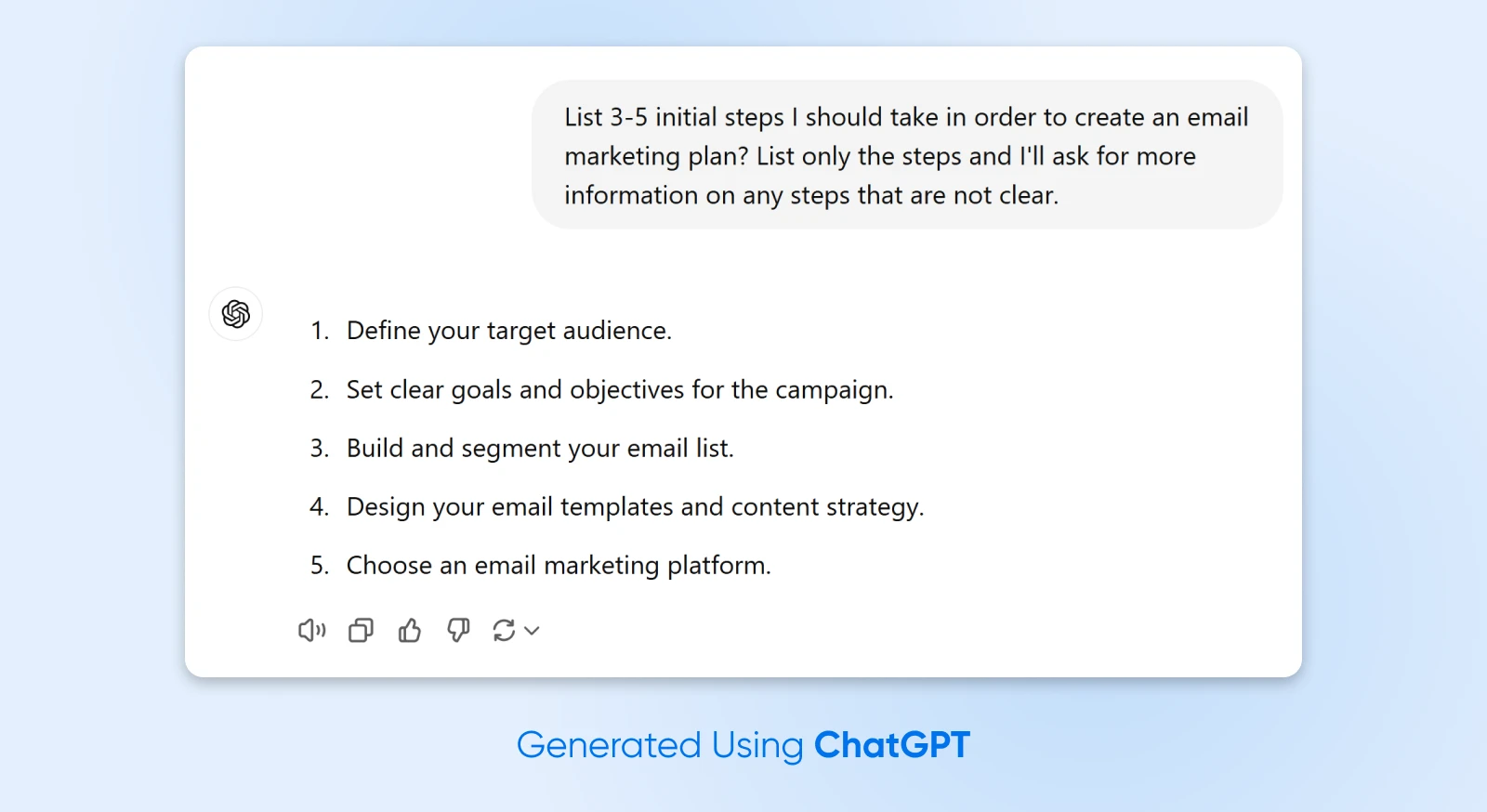 screenshot van een ChatGPT-box met een prompt die vraagt naar de stappen die nodig zijn om een e-mailmarketingplan te maken met een vijfstappenreactie van de AI