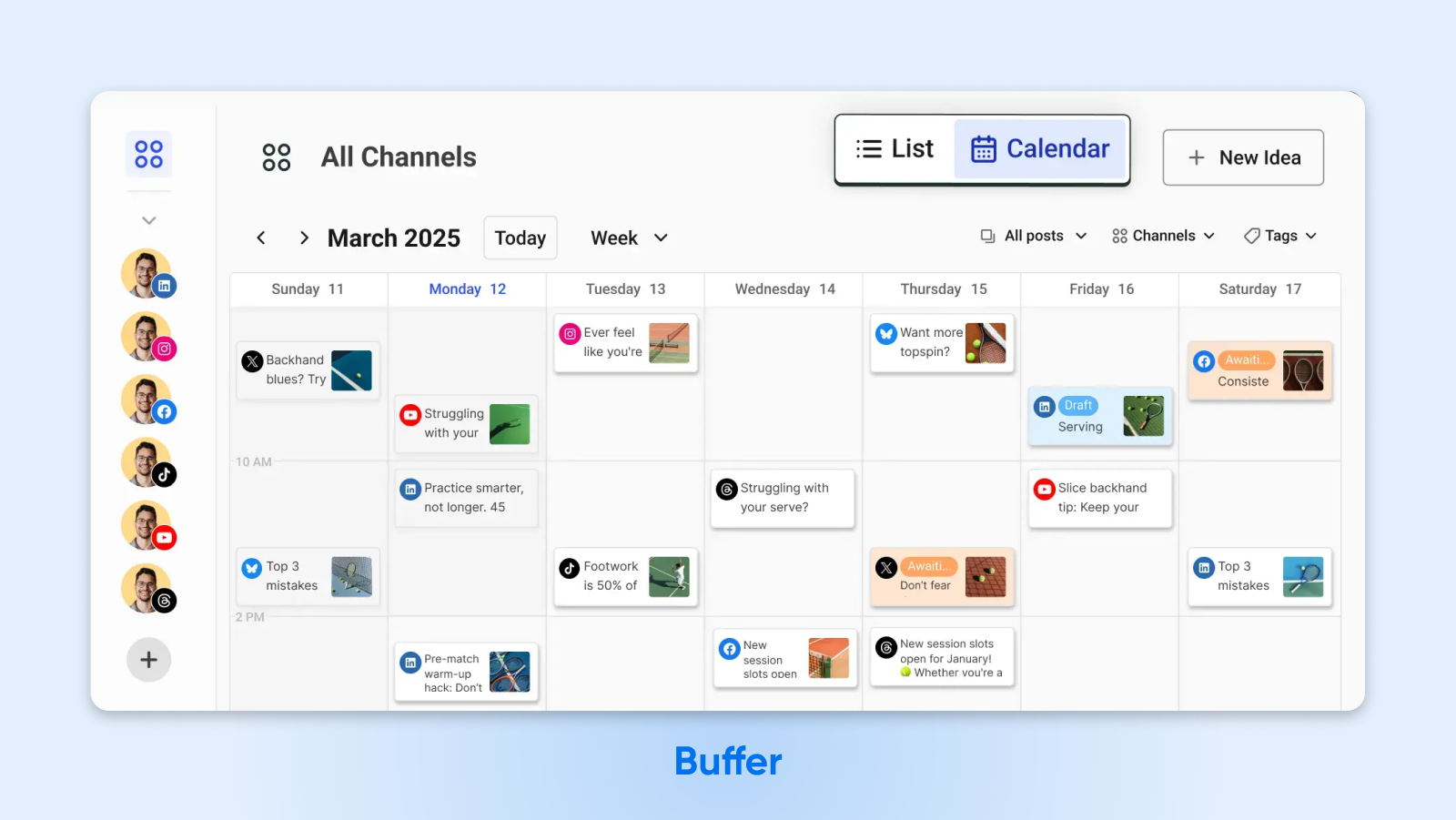 Buffer social media calendar showing scheduled tennis coaching content across multiple platforms for March 2025 with color-coded post types.