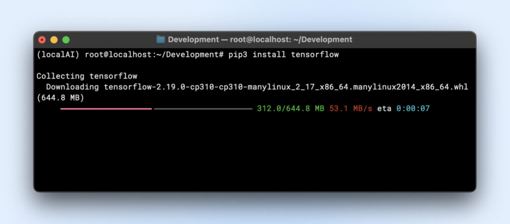 Terminal que muestra la instalación de PyTorch con una URL de índice personalizada, descargando la versión habilitada para CUDA en 263.6/955.6 MB con una velocidad de 56.4 MB/s y 13 segundos restantes.