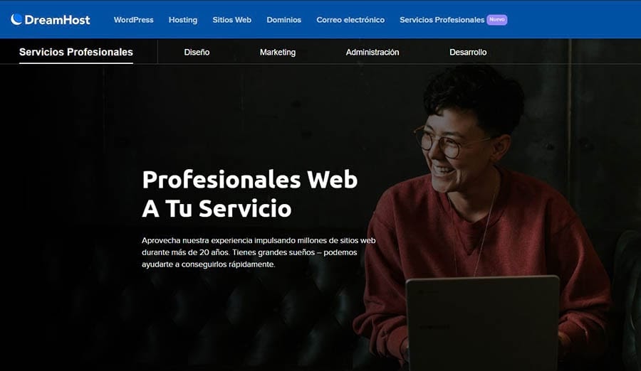 Página de inicio de Servicios Profesionales de DreamHost